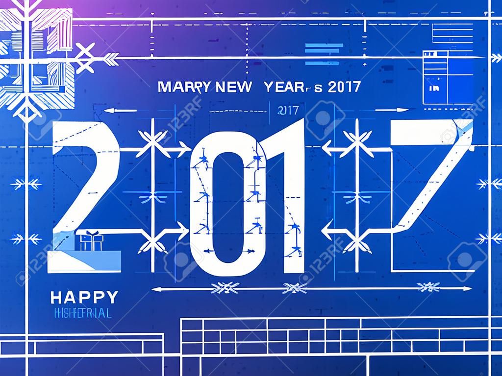 新年2017卡作為藍本繪製。對設計圖紙的2017年程式化起草工作。插圖元旦，聖誕節，寒假，新年除夕，工程，西爾維斯特等