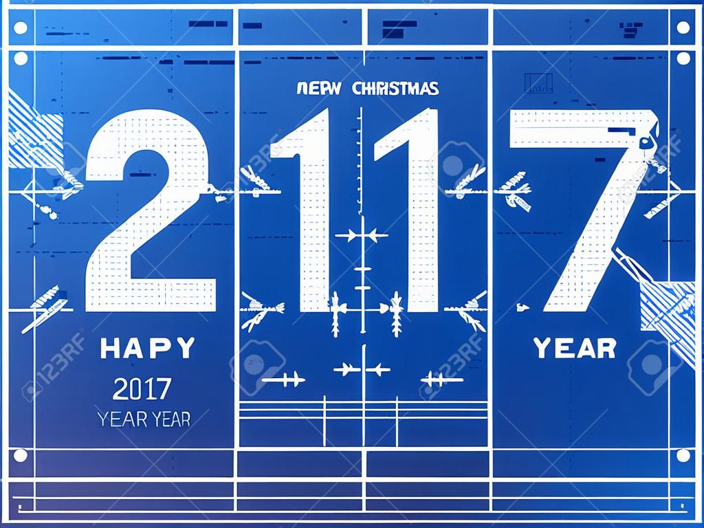 Cartão do ano novo 2017 como desenho do projeto. Desenho estilizado de 2017 no papel do projeto. Ilustração para o dia de anos novos, Natal, férias de inverno, véspera de anos novos, engenharia, silvester, etc.