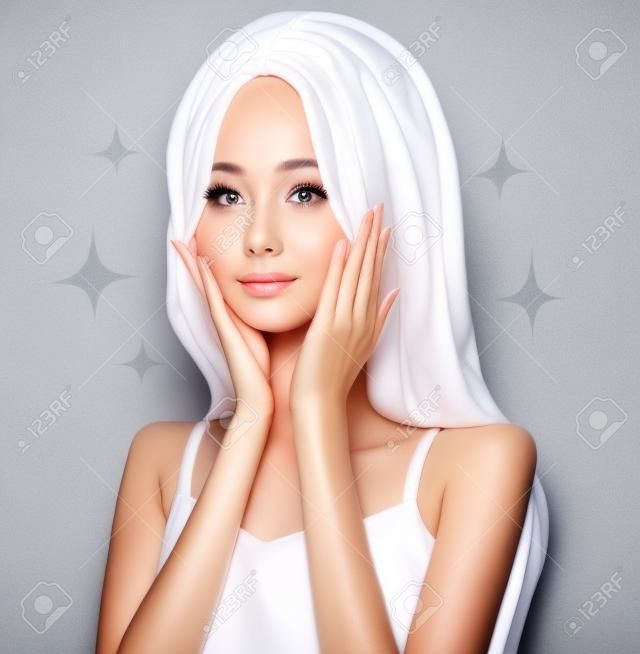 Beautiful skinned woman. Skin care image. On a white background.