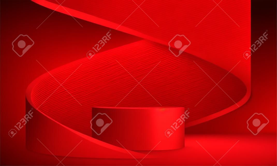 赤いプレミアム製品は、赤い背景に表彰台を表示します