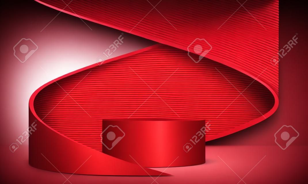 赤いプレミアム製品は、赤い背景に表彰台を表示します