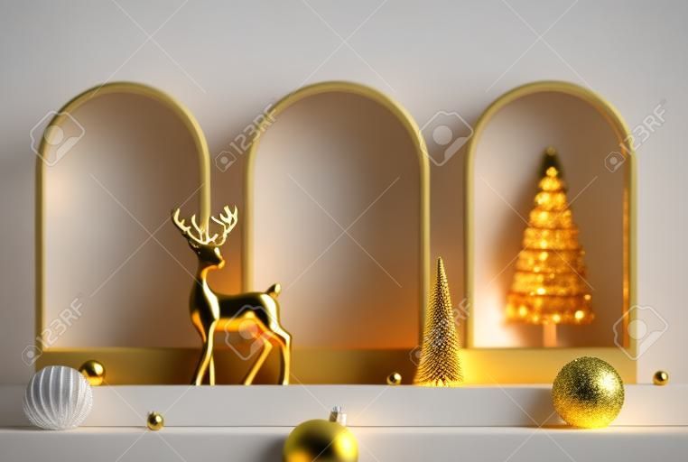 3D abstract Christmas light background with beige Christmas decorations