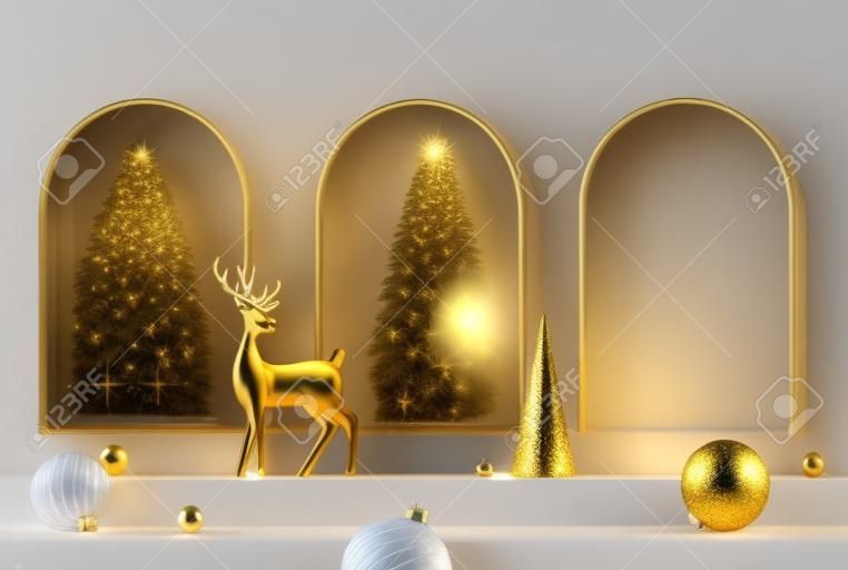 3D abstract Christmas light background with beige Christmas decorations