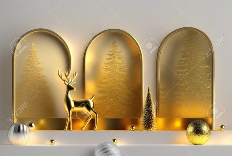 3D abstract Kerstlicht achtergrond met beige kerstversieringen