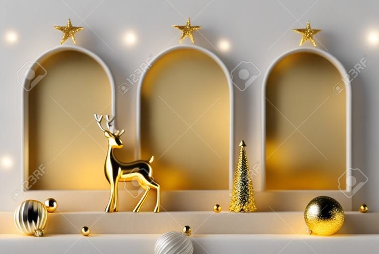 3D abstract Kerstlicht achtergrond met beige kerstversieringen