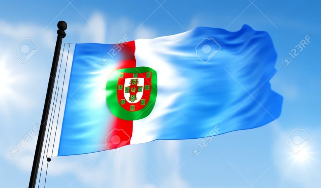 Portugal Flag 3D Rendering on Blue Sky Building Background
