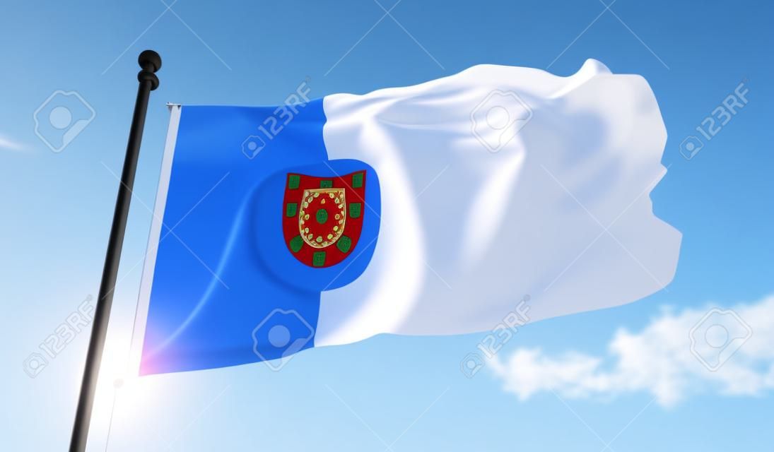 Rendu 3d du drapeau Portugal sur fond de bâtiment bleu ciel