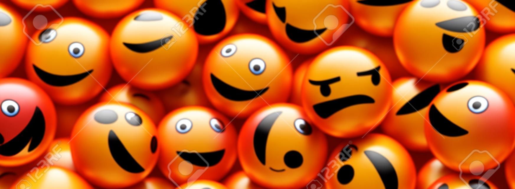 Angry Emoji Between A Bunch of Smile Emoticons. Stand Out Concept 3D Rendering Banner