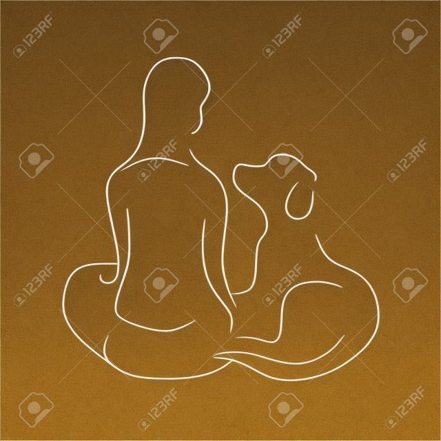 坐在女人與狗在一個友好的姿態 - 可以作為一個標誌或符號