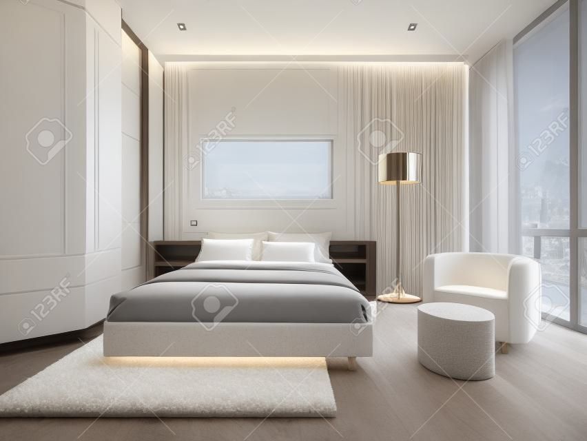 Luxury hotel room in white. Large panoramic window, steel floor lamp, light wood parquete flooring and white wool tick pile carpet. 3D render