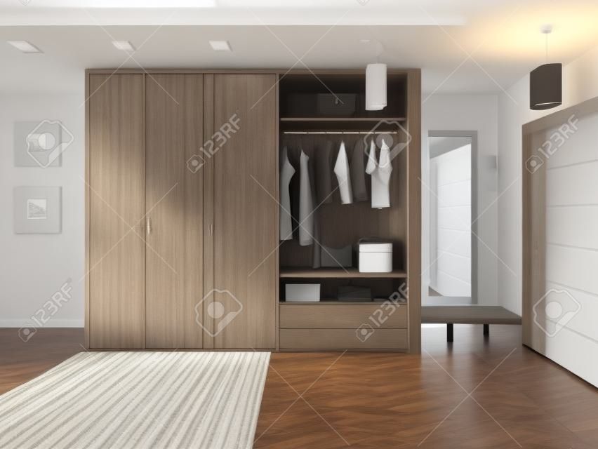Hall with a corridor in Contemporary style with a wardrobe and a sliding wardrobe. 3D render.