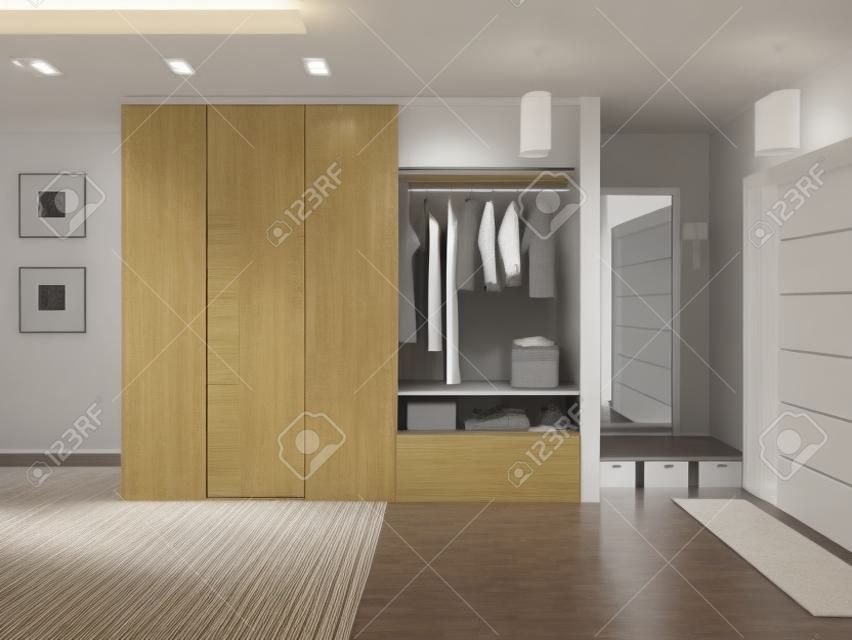 Hall z korytarza w nowoczesnym stylu z garderobą i szafą przesuwną. 3D render.