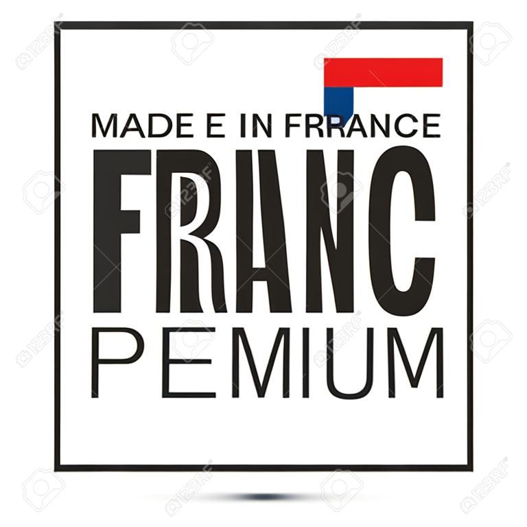 フランスのプレミアム品質で作られた、フランス語で"ファブリケ・エン・フランス©クアリタン©プレミアム、白い背景に分離されたイタリアのトリコロールと色のシンボル