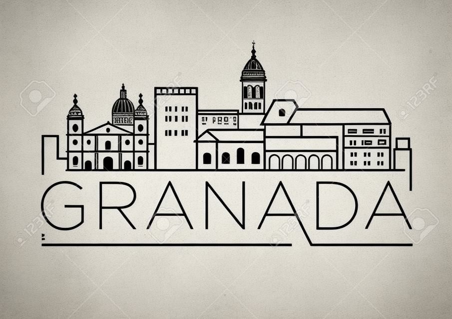 Minimalna liniowa panorama miasta Granada z typograficznym projektem
