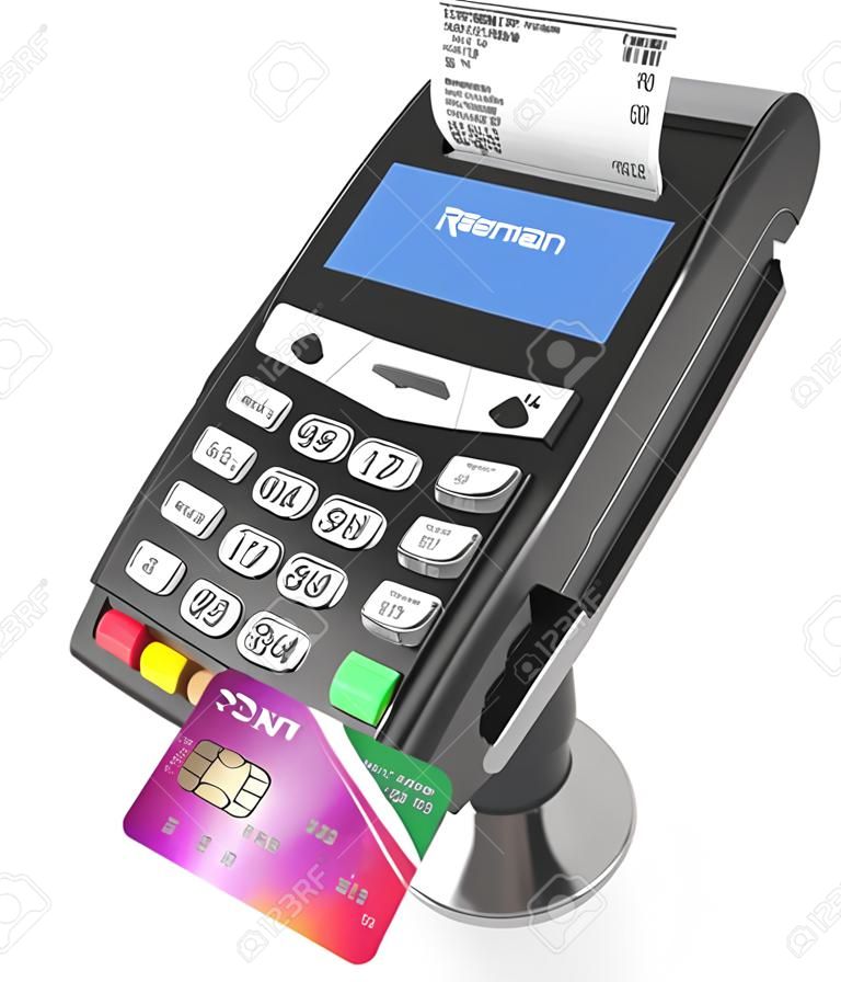 El terminal de la posición terminal del pago con tarjeta con la tarjeta de crédito y el recibo aislados en el fondo blanco 3d rinde