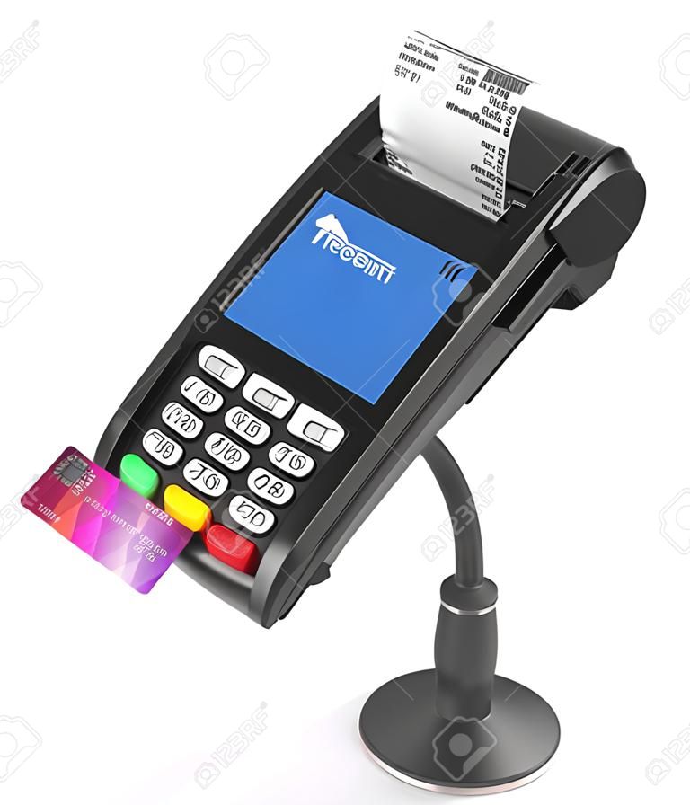 Terminal de pagamento de cartão terminal POS com cartão de crédito e recibo isolado no fundo branco 3d render