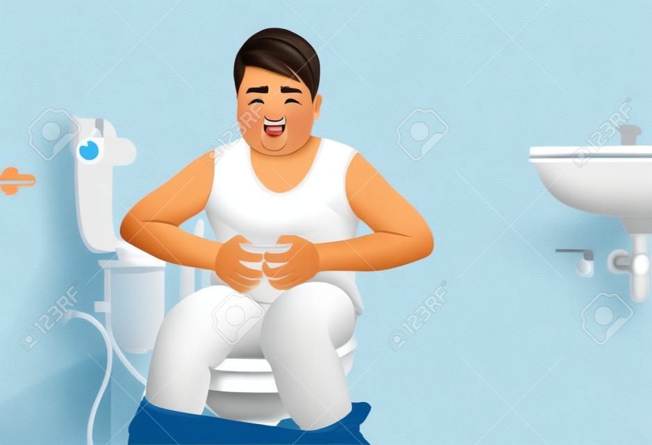 뚱뚱한 소년은 위장을 겪고 화장실, 설사 변비 및 건강 개념에 앉아 ..