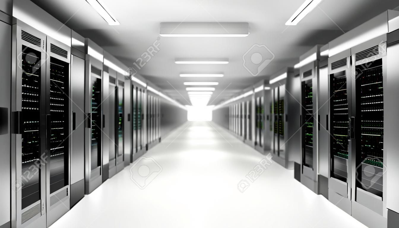 サーバールームクラウドデータセンターのサーバーラック。出口ドア。データセンター ハードウェア クラスタ。バックアップ、ホスティング、メインフレーム、ファーム、およびコンピューターラックとストレージ情報。3D レンダリング。3D イラストレーション
