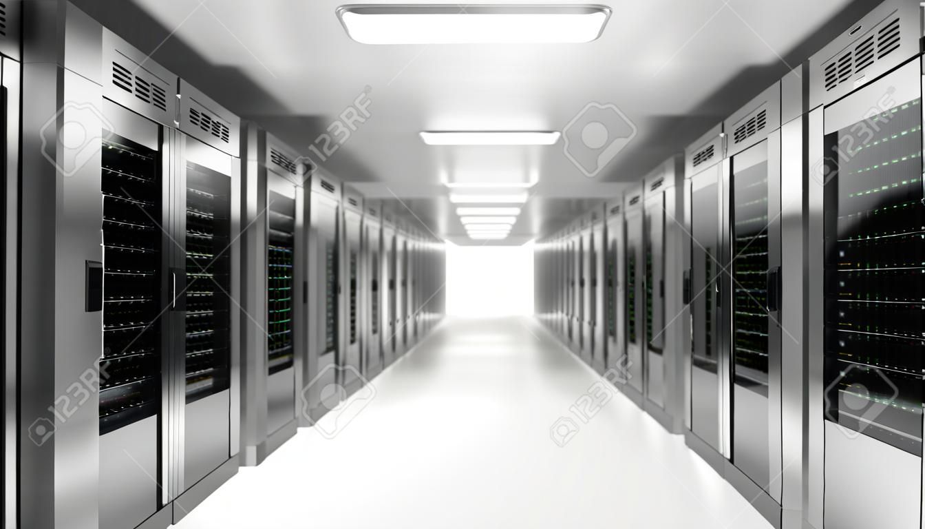 サーバールームクラウドデータセンターのサーバーラック。出口ドア。データセンター ハードウェア クラスタ。バックアップ、ホスティング、メインフレーム、ファーム、およびコンピューターラックとストレージ情報。3D レンダリング。3D イラストレーション