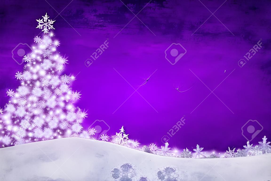 Purple fondo de Navidad con copos de nieve y árboles de pino