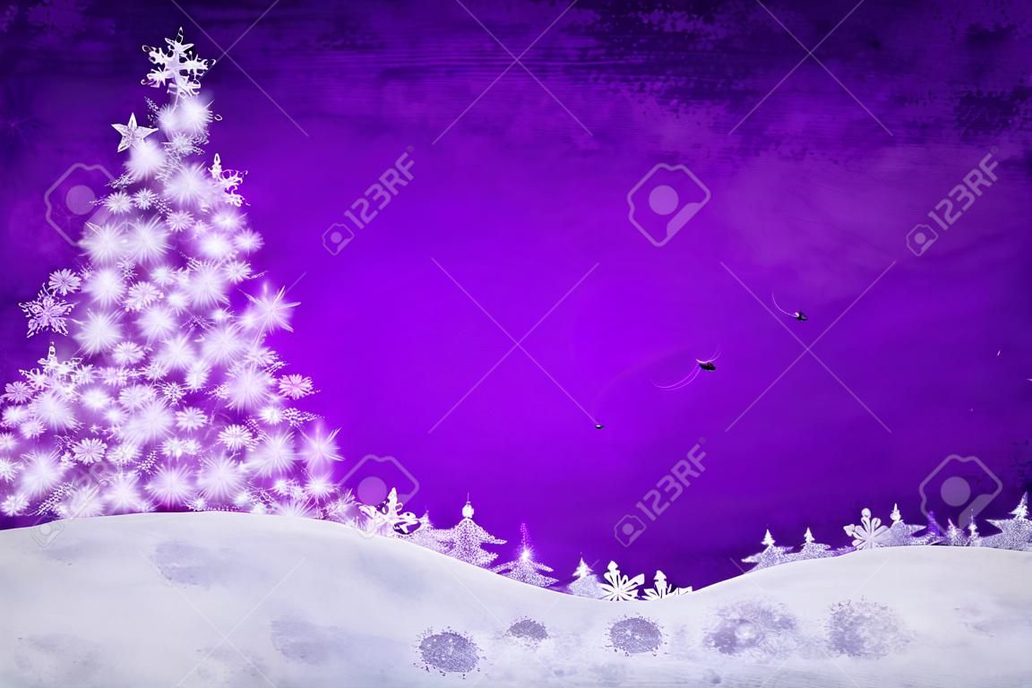 Kar taneleri ve çam ağacı ile Mor christmas background