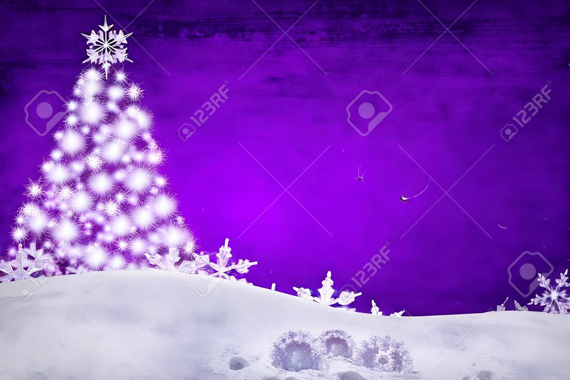 Lila Weihnachten Hintergrund mit Schneeflocken und Kiefer