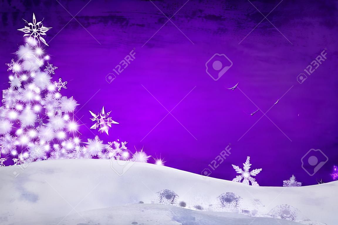 Purple fondo de Navidad con copos de nieve y árboles de pino