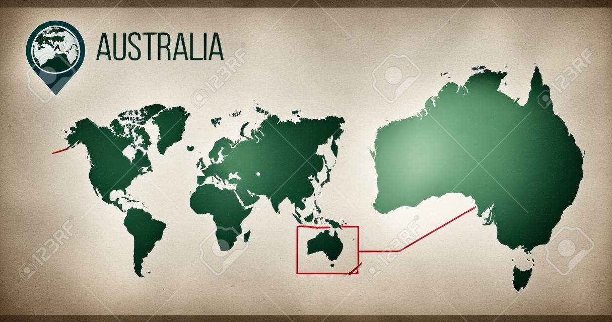 국기와 지도 포인터 또는 핀이 있는 세계 지도에 있는 호주 지도. 인포 그래픽 지도. 벡터 일러스트 레이 션 흰색 절연입니다.