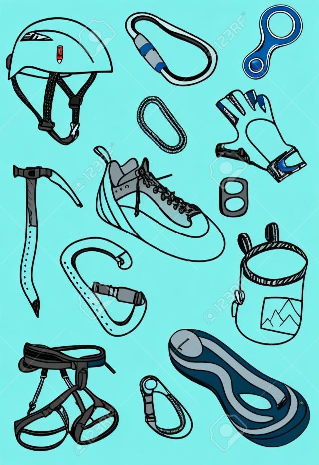 Illustrazione di un alpinismo accessori e attrezzature.
