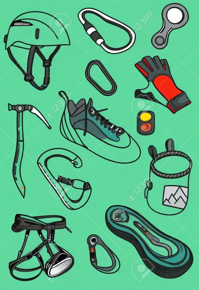 Illustrazione di un alpinismo accessori e attrezzature.