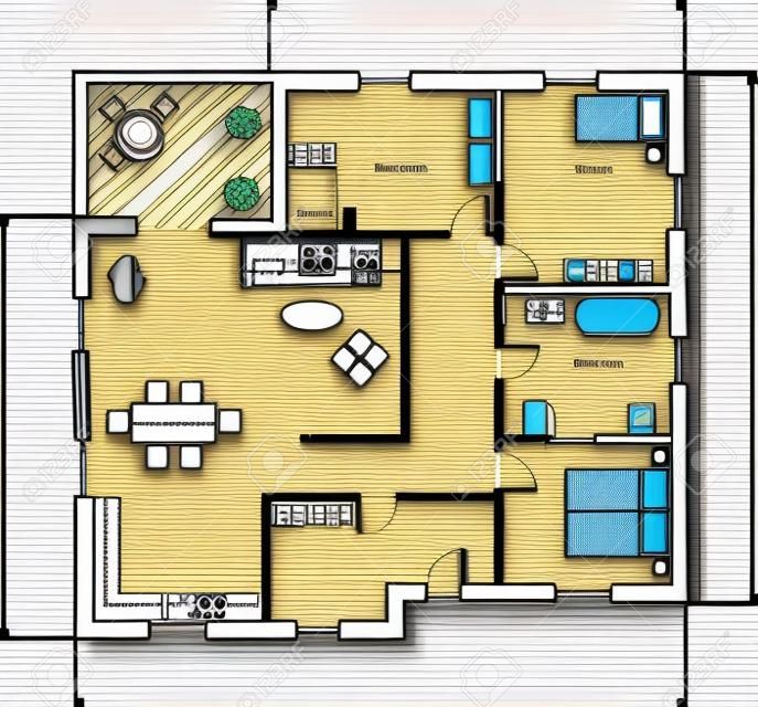 Illustration of floor plan of house, colored doodle style
