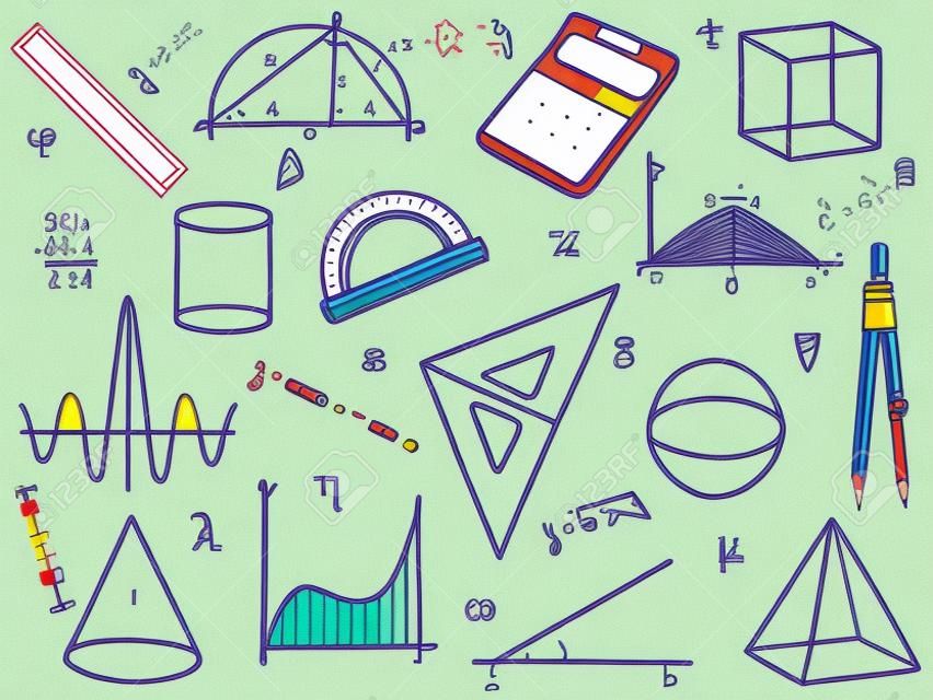 Illustration of mathematics - school supplies, geometric shapes and expressions on school board