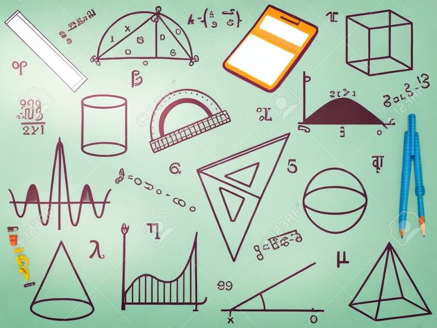 Illustration of mathematics - school supplies, geometric shapes and expressions on school board