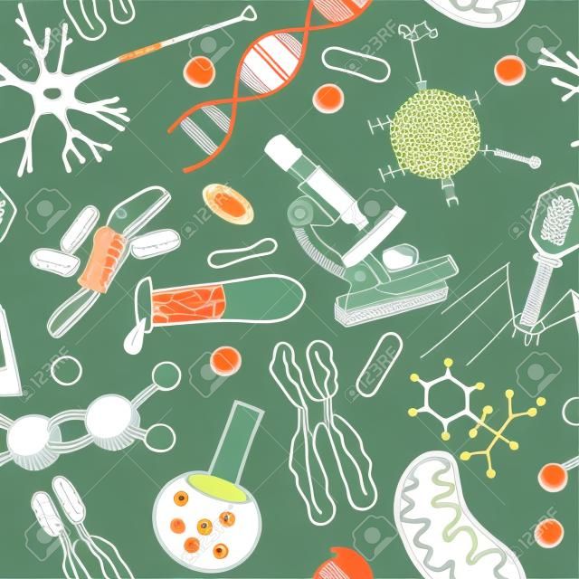 Biology drawings  on seamless pattern - scientific background