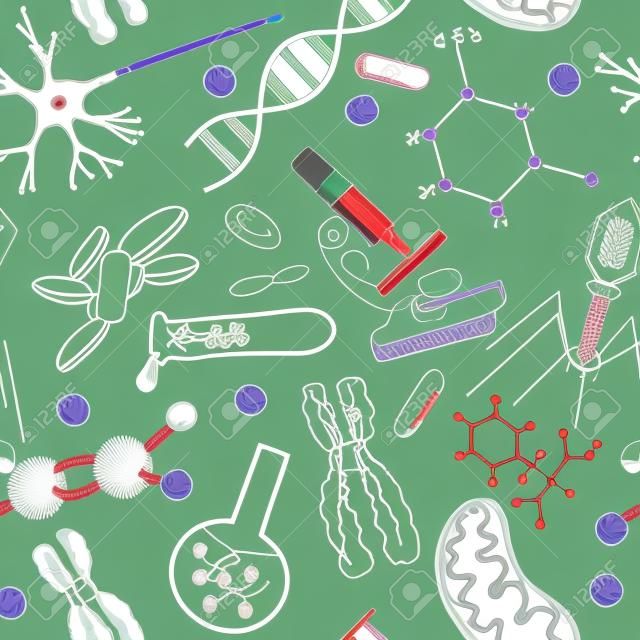 Biology drawings  on seamless pattern - scientific background