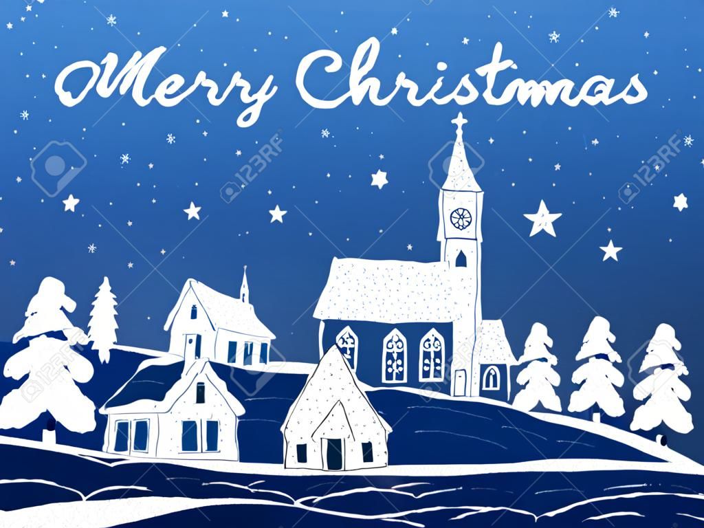 Weihnachtsdorf mit Kirche in der Nacht - Hand gezeichnete Illustration