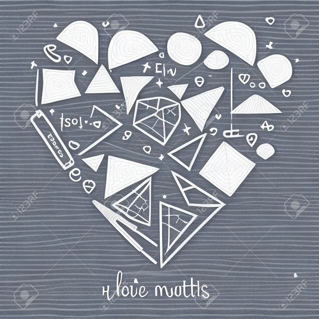 Illustration de mathématiques doodles en forme de coeur