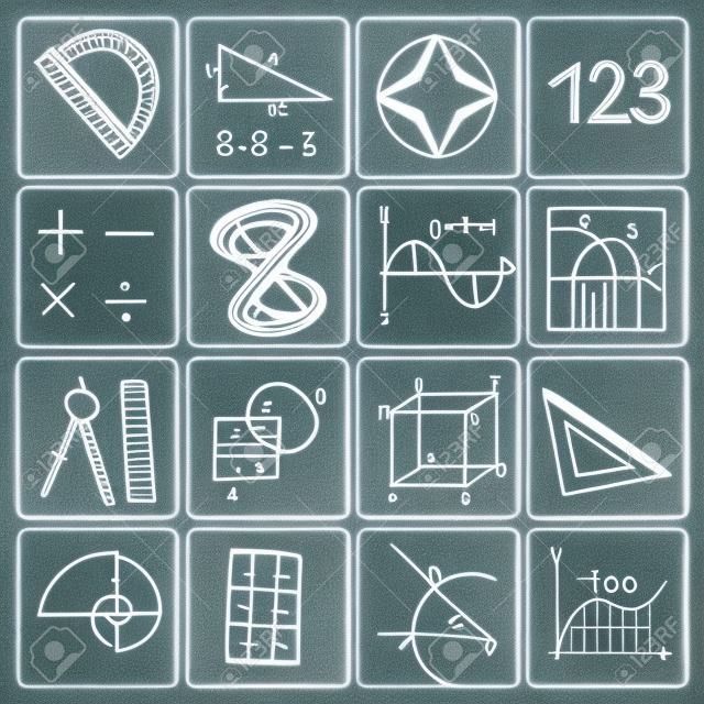 Illustration of mathematics icons - white chalky doodles