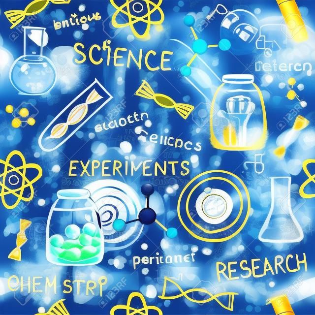 Illustration of scientific experiments on blue background. Seamless pattern.