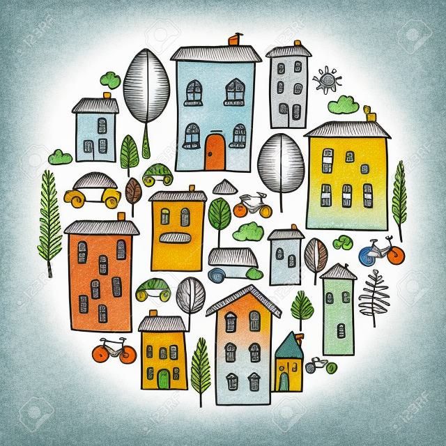 Illustration of hand drawn houses in circle shape