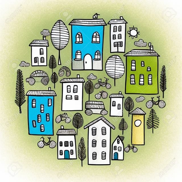 Illustration of hand drawn houses in circle shape