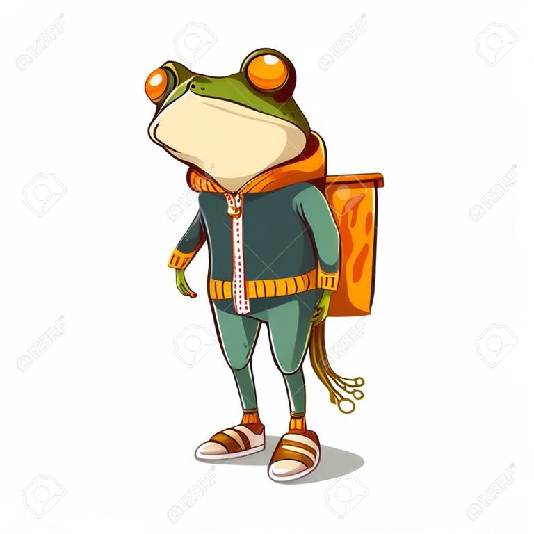Food delivery guy, vector illustration. A courier frog wearing a sports outfit. Enthusiastic anthropomorphic frog with a backpack, ready to deliver an order. An animal character with a human body.