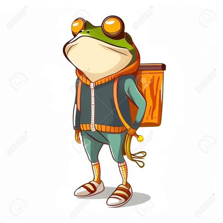 Food delivery guy, vector illustration. A courier frog wearing a sports outfit. Enthusiastic anthropomorphic frog with a backpack, ready to deliver an order. An animal character with a human body.