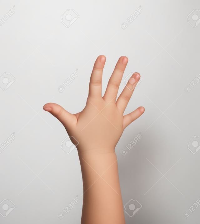mão da criança em um fundo branco