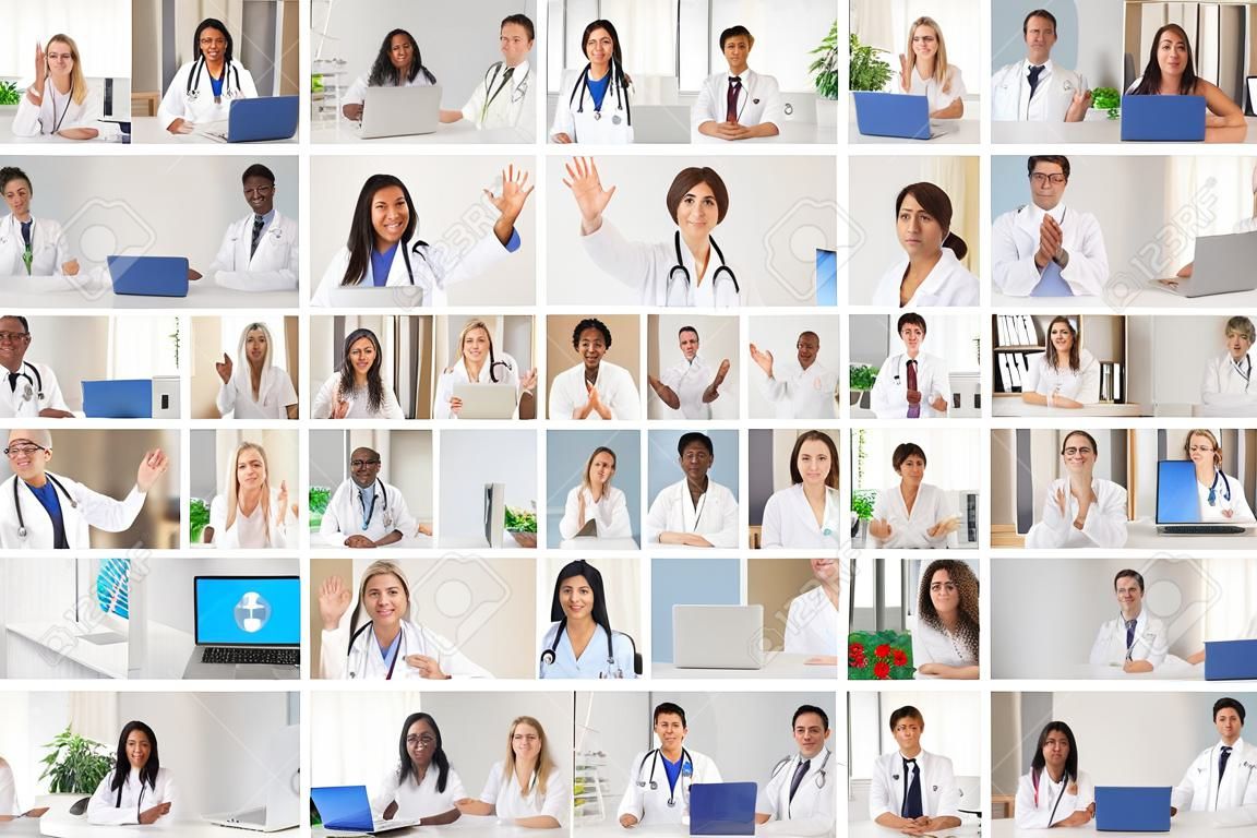 Lots of different medical workers webcam portraits. Happy smiling multiethnic doctors waving hand, greeting each other in online work meeting. Laptop computer screen view, video call headshot collage