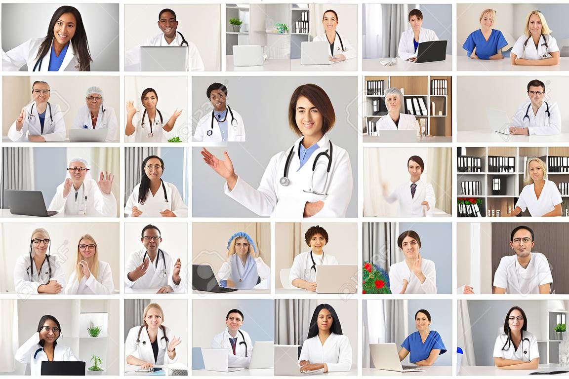 Lots of different medical workers webcam portraits. Happy smiling multiethnic doctors waving hand, greeting each other in online work meeting. Laptop computer screen view, video call headshot collage