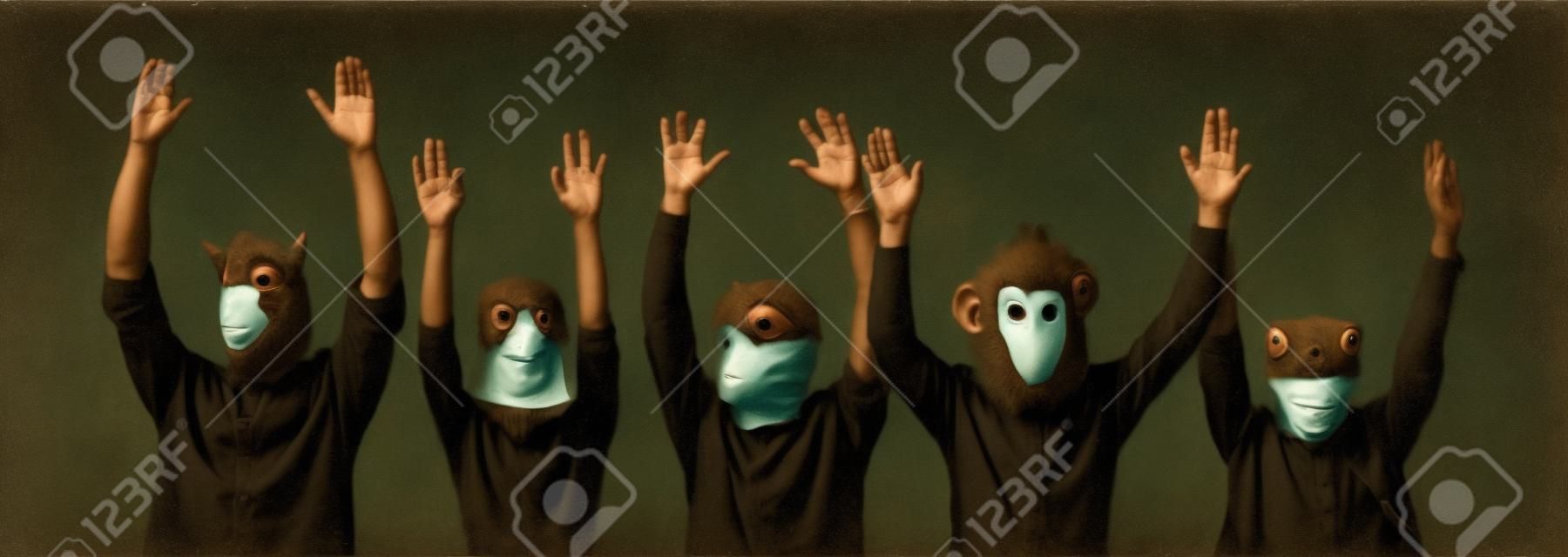 Portrait of unidentified young people in various rubber masks in form of animal heads. Young men and women in masks of horse, pigeon, dinosaur, monkey and frog stand in row with arms raised. Banner.