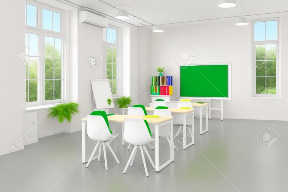 Escola de sala de aula.Interior de sala de aula espaçosa e limpa pronta para o novo ano letivo. Sala vazia com paredes brancas, mesas confortáveis, cadeiras, quadro-negro verde, quadro-branco. De volta à escola.