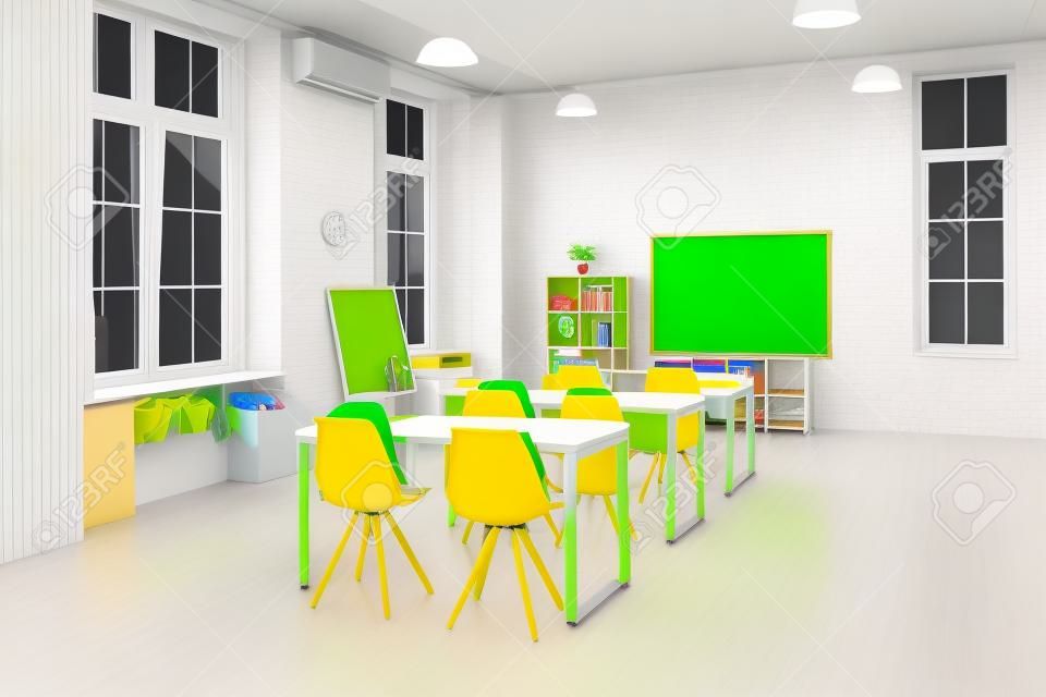 Escola de sala de aula.Interior de sala de aula espaçosa e limpa pronta para o novo ano letivo. Sala vazia com paredes brancas, mesas confortáveis, cadeiras, quadro-negro verde, quadro-branco. De volta à escola.