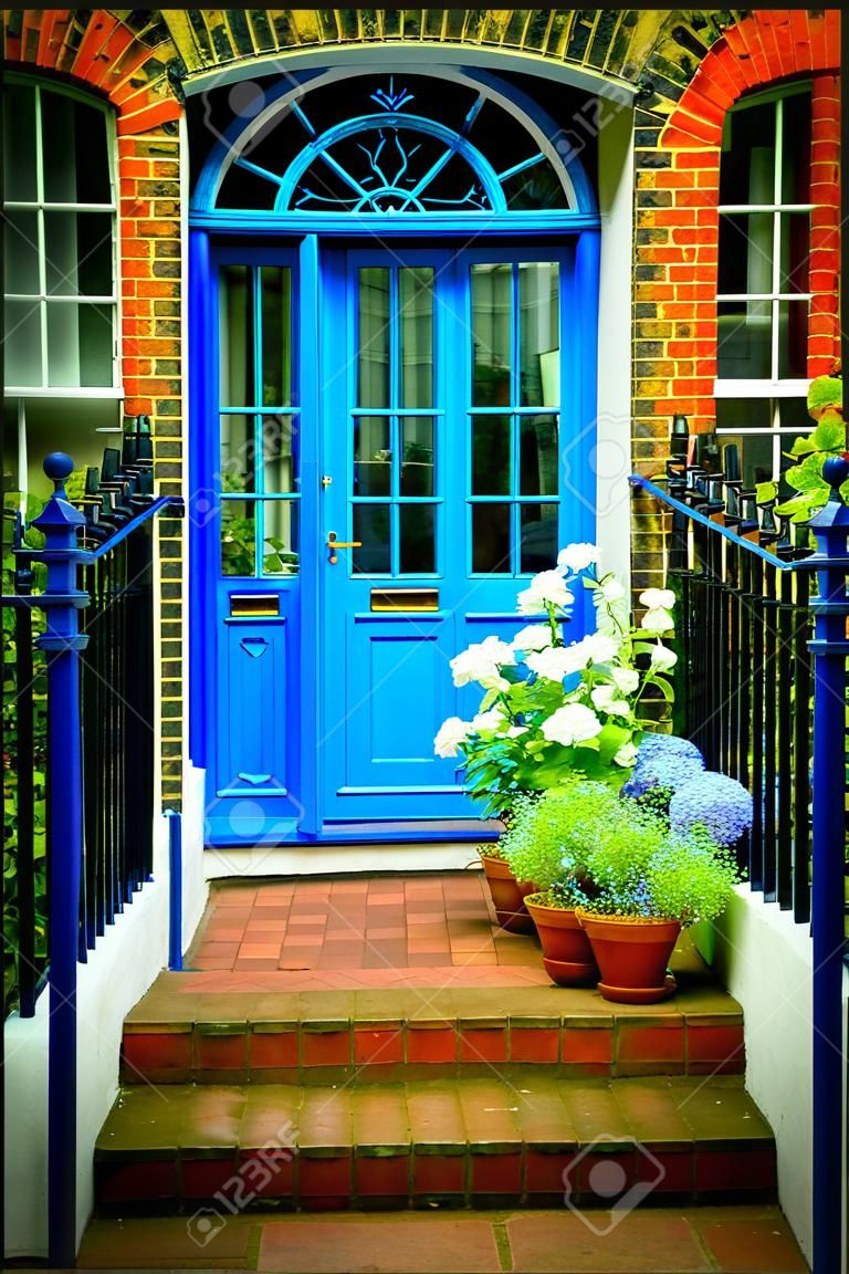 London, entrance to a house with flower beds full of flowers